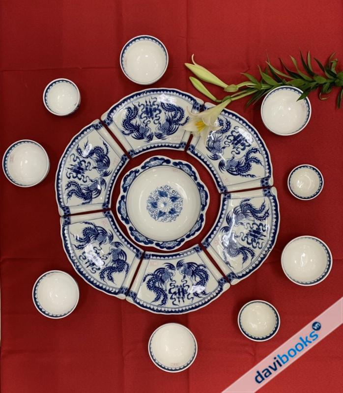 (ad4039) Bộ Bát Đĩa Cuốn Thư Song Phụng