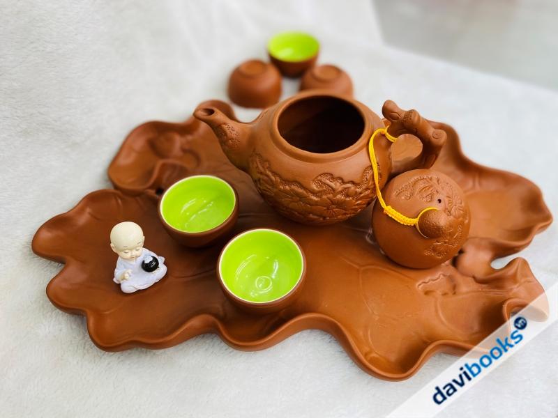 (ad10711) Bộ Tách Trà Hoa Chàm Khay Gốm